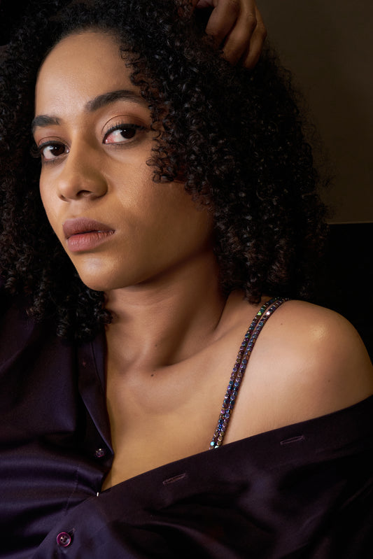 Rainbow Luxe beaded bra straps by The Ramp Rush, multicolour designer shoulder accessory for strapless and party outfits